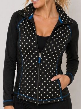 Onque Casual Black Polka Dot Zip Jacket Size S Blue Trim Lightweight